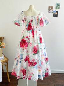 Dreamara Plus Size Floral Print Square Neck Short Sleeve Dress Vintage - Multicolor - View 2