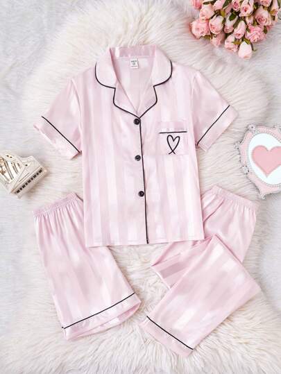 3 件套女童休闲西瓜条纹短袖开衫、短裤和长裤睡衣套装