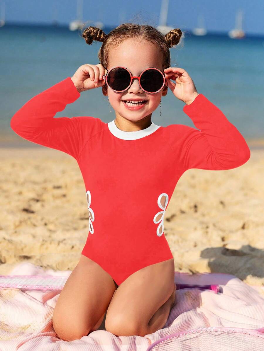 Girls One-Piece Splicing Cutout Swimsuit, Suitable For Beach Holiday - Red - View 1