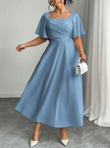 Modelyn 大码红色针织 A 字短袖收腰连衣裙