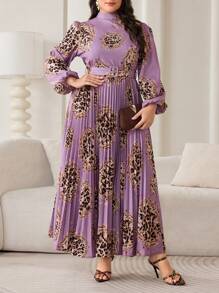 Veilorie Plus Size Women Leopard Print Stand Collar Lantern Sleeve Pleated Hem Elegant Arabic Style Dress - Multicolor - View 6