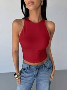 Aloruh 女士露背交叉短款修身性感吊带背心 - 紅色 - 查看 4