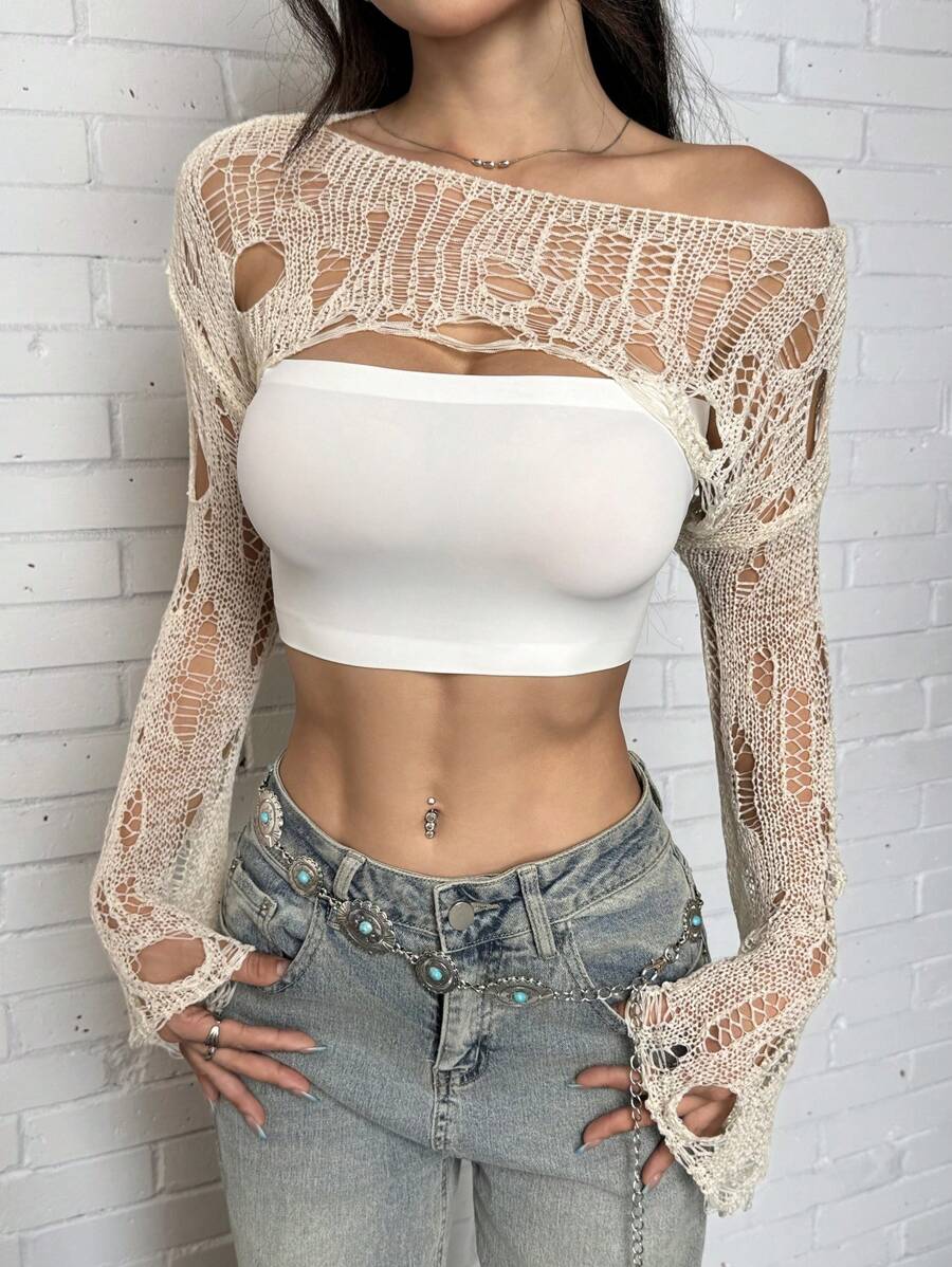 SHEIN EZwear Women's Solid Color Distressed Boat Neck Sexy Long Sleeve Pullover Sweater,Off The Shoulder Sweater - Apricot - View 1