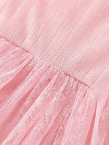 Baby Girls' Summer Newrelease Pink Suspender Mesh Dress Fabric Splicing Heart Mesh Ruffled Bodysuit - Pink - View 3