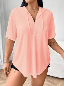 Flirla 大码纯色半拉链连帽短袖 T 恤，适合夏季 - 粉色 - 查看 3