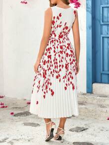 Ellevyn Rochie midi, elegantă, cu gât rotund, plisată, albastră, cu imprimeu floral, rochie slim de vacanță și de Ziua Îndrăgostiților, primăvară/vară - Burgundia - Vizualizare 2