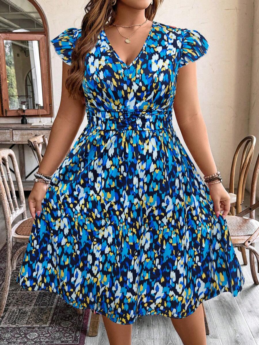 SHEIN Clasi Plus Size Women's Floral V-Neck Cap Sleeve Ruched Waist A-Line Dress, Multicolor - Blue - View 1