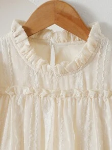 SHEIN Vintaside Kids 女孩优雅公主荷叶边领泡泡长袖提花刺绣双层荷叶边下摆宽松公主裙，适合度假、旅行、派对、礼物、春秋