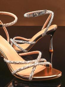 SHUZIA Women's Round Toe Rhinestone Multi Toe Straps High Heel Sandals - Rose Gold - View 6