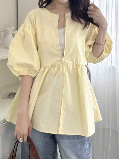 FRIFUL 女士纯色短款花瓣袖拉链休闲衬衫