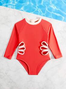 Girls One-Piece Splicing Cutout Swimsuit, Suitable For Beach Holiday - Red - View 4