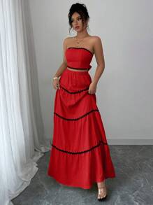 Rafferiza 2pcs Women Elegant Top And Skirt Suit Set - Red - View 5