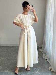 Gloray Elegant Solid Color Round Neck Ruched Hem Batwing Sleeve Dress - Apricot - View 5