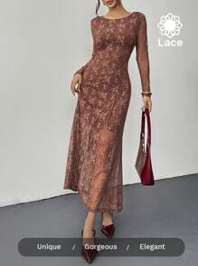 SHEIN Essnce Vestido de invitada de boda casual de verano 2025 - Vestido maxi de encaje de estilo boho chic de manga larga con forro, ocasión casual de playa o iglesia, bordado de flores color marrón chocolate, inspirado en el estilo Y2K para vacaciones y resort para mujeres