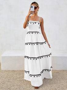 SHEIN VCAY Vestido de tirantes casual con decoración de flecos para mujeres de vacaciones - Blanco - Ver 5