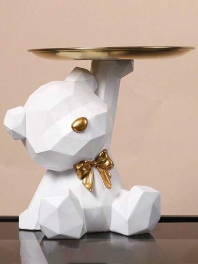 几何熊图案钥匙收纳托盘，适用于玄关、客厅、咖啡桌装饰和乔迁礼物（白色），情人节、情人节婚礼、生日礼物