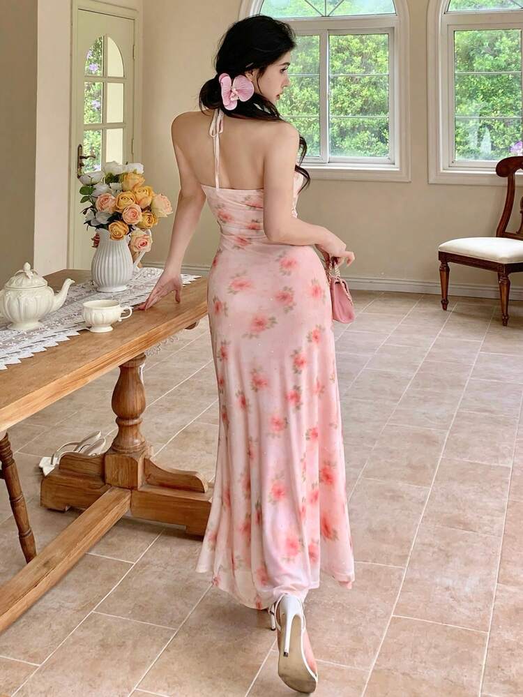 2pcs/Set Women Floral Printed Fitted Elegant Dress For Date Outfit, Summer