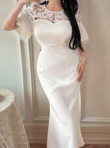 DAZY Rochie midi elegantă de vară cu imprimeu petic din dantelă pentru femei, rochii de mireasă cu volane