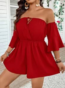 SHEIN VCAY Plus Size Women Off-Shoulder Solid Color Long Sleeve Jumpsuit Romper - Red - View 4