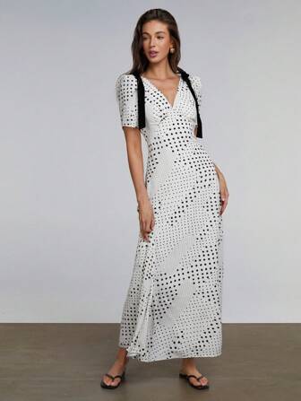 Athîral 女式超长 V 领短袖连衣裙，夏季时尚