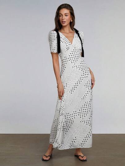 Athîral 女式超长 V 领短袖连衣裙，夏季时尚