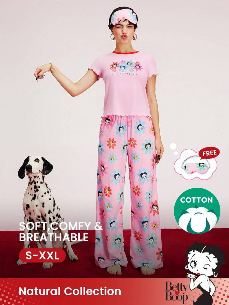 BETTY BOOP X LUVLETTE Ensemble de vêtements de détente en coton doux X LUVLETTE avec pantalon rose à motif, manches courtes et poches. Sous-vêtements intimes pour mariée