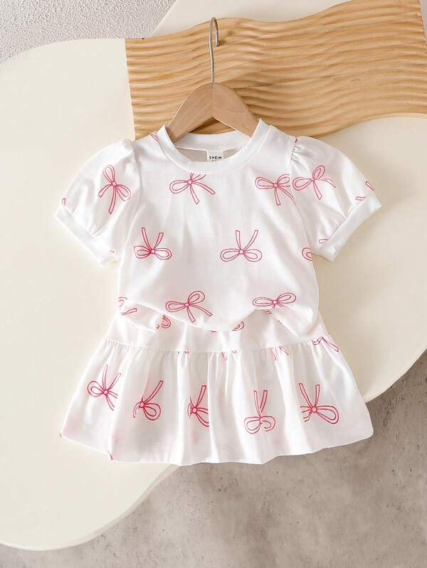 Souflis Souflis Baby Girls Cute All-Over Butterfly Print Pink Short Sleeve Top And Matching Butterfly Print Knitted Skirt, Summer Korean Style