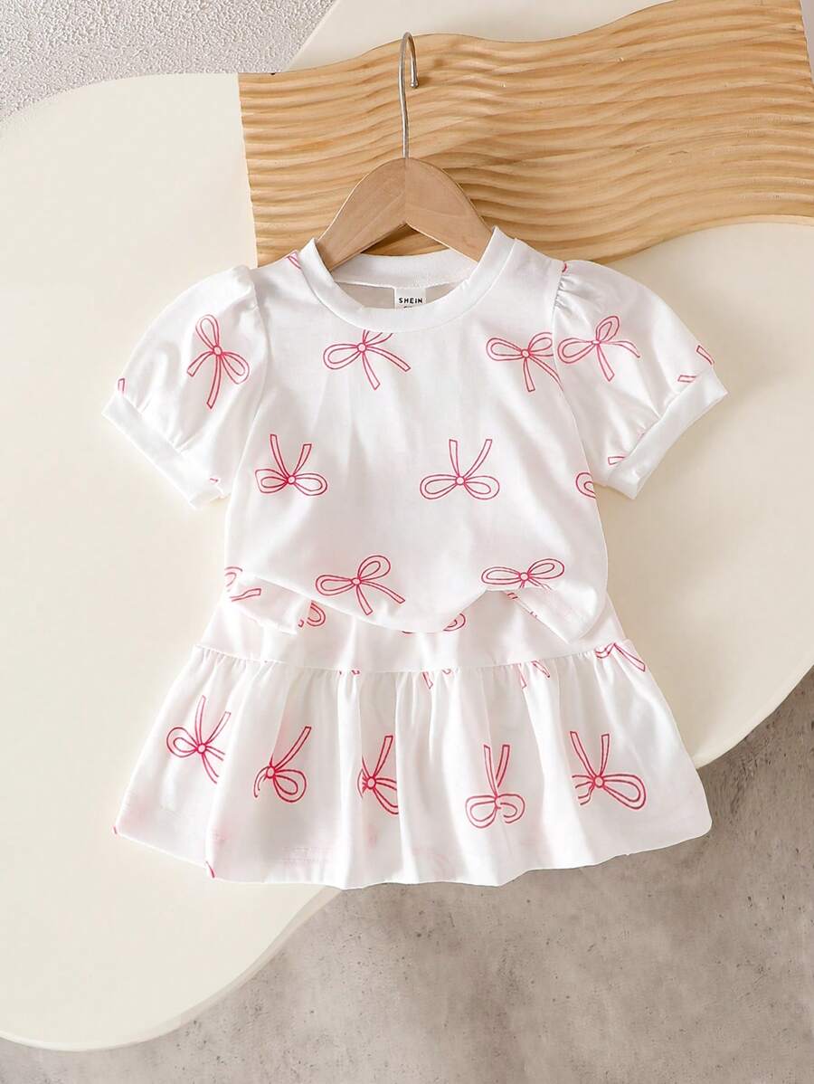 SHEIN Playful Pals 女婴可爱全身蝴蝶印花粉色短袖上衣和配套蝴蝶印花针织裙,夏季韩版 - 白色 - 查看 1
