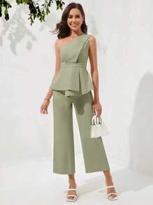 Ellevyn 1pc Women 2 Pieces Set: Asymmetrical Ruffle Waist Jumpsuit - Mint Green - View 2