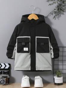 SHEIN Chàng trai trẻ 1 Miếng Chi tiết Patched thư Khối màu Lót nhiệt Áo trùm đầu - màu xanh lá - Xem 3