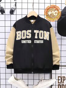 Tween Boys' Casual Letter Print Hooded Jacket, Suitable For Commuting, School, Daily Casual And Sports Wear, Fit For Autumn/Winter