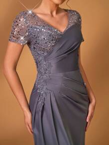 Serin Elegant Luxury Embroidery Lace Applique Splice Elastic Satin Ruffles Sheer Short Sleeve Fishtail A-Line Dress, Suitable For Wedding, Party, Vacation, Prom, Mother Of The Bride Formal Gown - Dark Grey - View 1