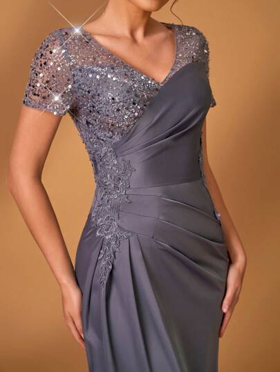 Serin Elegant Luxury Embroidery Lace Applique Splice Elastic Satin Ruffles Sheer Short Sleeve Fishtail A-Line Dress, Suitable For Wedding, Party, Vacation, Prom, Mother Of The Bride Formal Gown