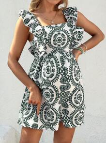 SHEIN Maternity Full Print Tie-Waist Backless Romper, Casual Holiday Style - Green - View 5