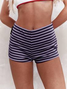 MISSGUIDED Athletic Dance Short Striped Pattern High Waisted Bike Shorts Compression Exercise Yoga Running Workout Training Performance Moisture Wicking Summer Activewear - Purple - View 3