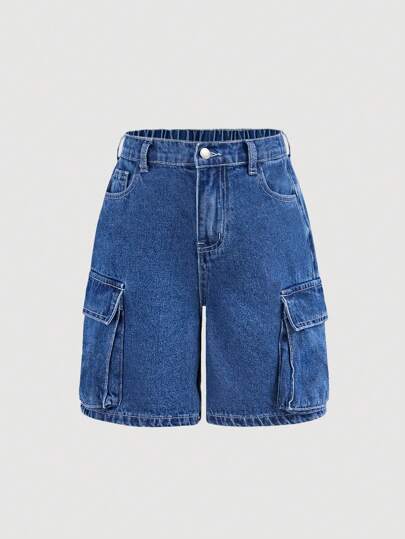 SHEIN Girlism Tween Girl Y2K Spring Summer Flap Pocket Side Baggy Straight Leg Denim Jeans Shorts, Summer Clothes Concert