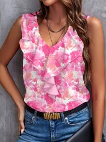 SHEIN Clasi Summer Slim Fit Women's Pink Romantic Print V-Neck Ruffle Sleeveless Shirt, Suitable For Daily Outing Summer Outfits For Women Vacation Shirt Summer Outfits For Women Ruffle - Pink - View 1