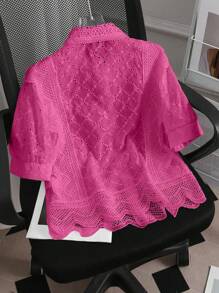SHEIN LUNE 女士简约纯色单排扣镂空刺绣短袖休闲衬衫、办公室/工作服 - 玫紅色 - 查看 2