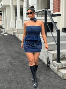 SHEIN ICON Minissaia jeans elástica lavada plus size Y2K Streetwear - Lavagem escura - Ver 5
