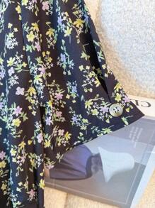 Franclia 新款春夏 V 领短袖系腰粉色碎花中长连衣裙，百搭