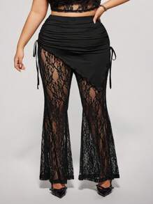 SHEIN ICON Plus Size Elegant Black Lace Knitted Fabric Long Pants With Ruched Drawstring Detail - Black - View 6