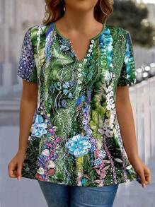 EMERY ROSE Plus Size Flower Printed Elegant Short Sleeve T-Shirt With Button Design Graphic Tees Women Tops - Multicolor - View 5