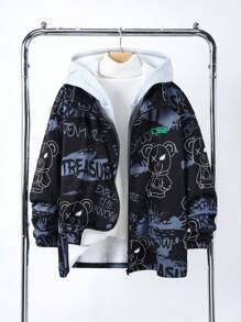 SHEIN Chaqueta con capucha forrada térmica con texto en inglés y estampado de oso para adolescentes varones, apta para otoño, invierno, para mantener el calor, para la escuela, el hogar, casual, el gimnasio, fiestas de cumpleaños, salidas, todo tipo de uso y diseño simple.