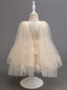 SHEIN Glamorique Kids 女婴香槟色刺绣网眼蝴蝶结装饰派对礼服带披肩，适合婚礼、生日、宴会等正式场合 - 香檳色 - 查看 2