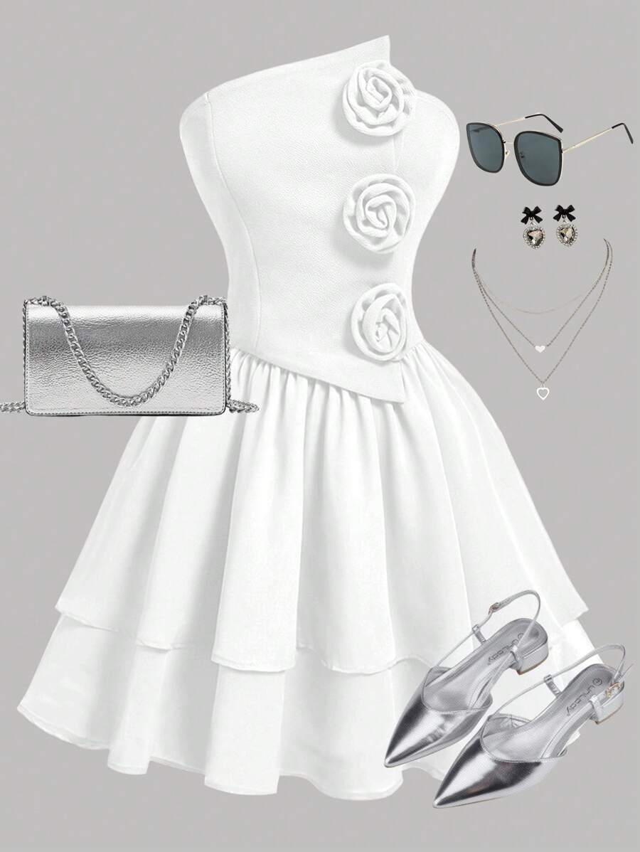 Girlism Teen Girl Vintage Asymmetrical Neckline 3D Rose Mini Strapless Dress Party White Flower Tube Dress Fall Clothes,Christmas - White - View 1