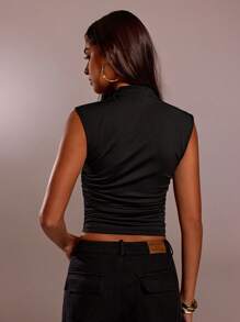 Forever 21 Women's Casual Solid Collar Ruched Fitted Blouse - Black - View 2