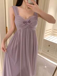 DAZY Women's Romantic Mesh Lace Splicing Ruched Design Slip Nightgown Pajama - Purple - View 5