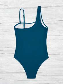 SHEIN Swim Baju Renang Terusan Elegan Berwarna Polos dengan Motif Jala untuk Liburan Pantai Musim Panas - Dusty Blue - View 2