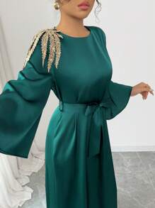 Chiquease Vestido largo de satén suelto con mangas largas, talle ajustado y aplicación floral, estilo árabe abaya, unicolor, elegante, para uso diario, Ramadán