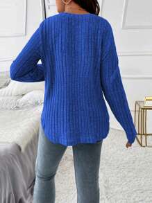 EMERY ROSE Plus Ribbed Knit V Neck Tee Fall Cloth For Women - Royal Blue - View 3